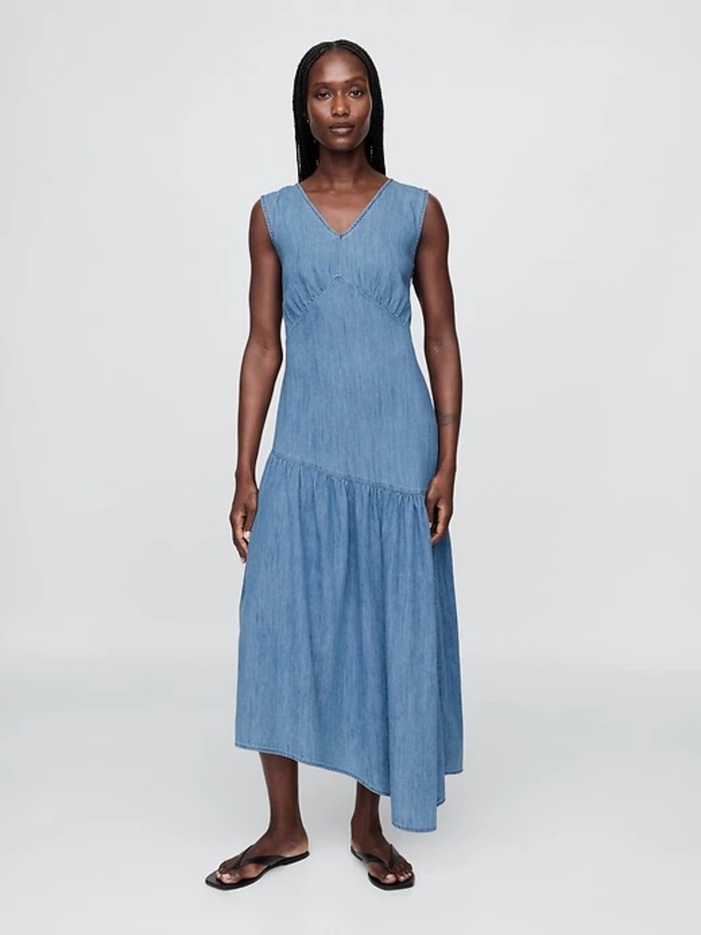 GAP Denim-Blue Sleeveless V-Neck High-Low Maxi Dress